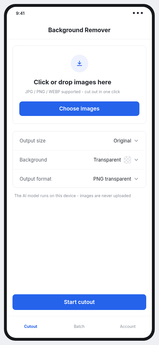 Background Remover mobile app interface on Android